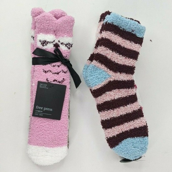 free press Accessories - Lot of 2 Free Press Legwear Cozy Sock Set Pink Striped Owls Womens One Size